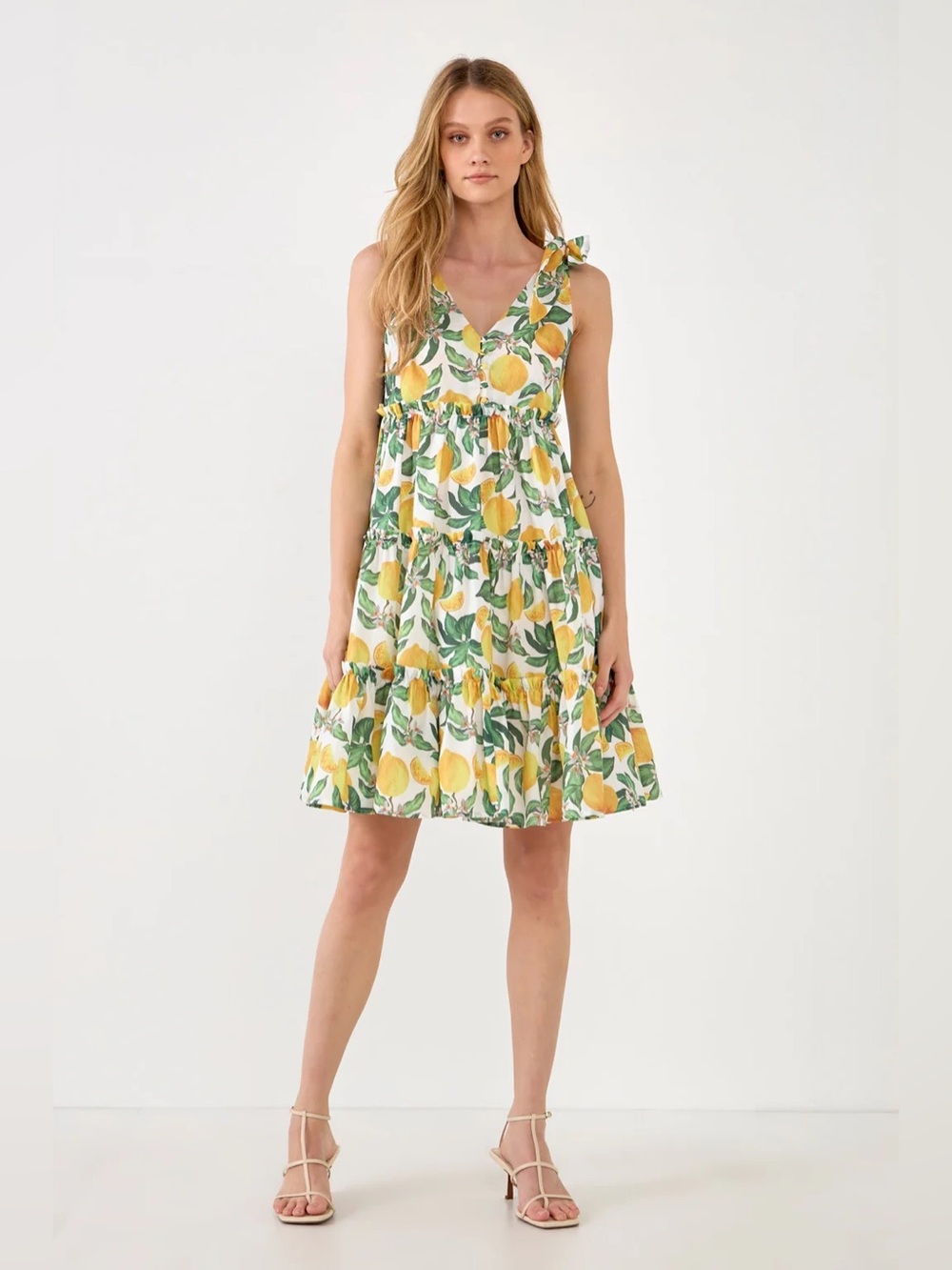 English Factory Lemon Floral Printed Tie Shoulder Tiered Ruffle Dress M Retro